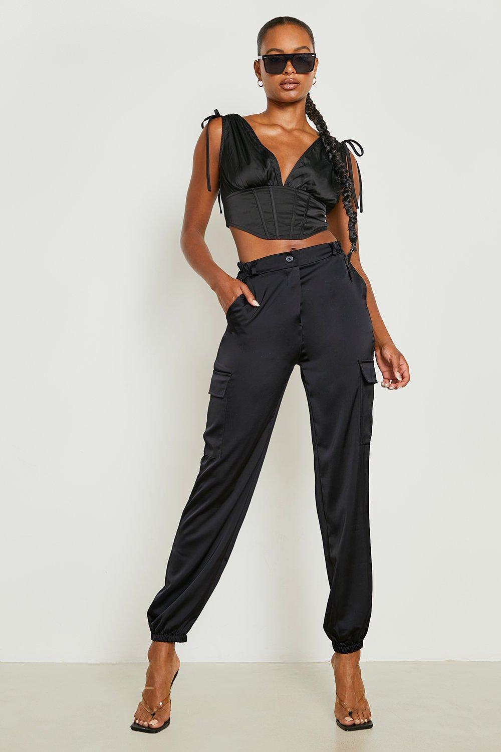 black satin cargo trousers