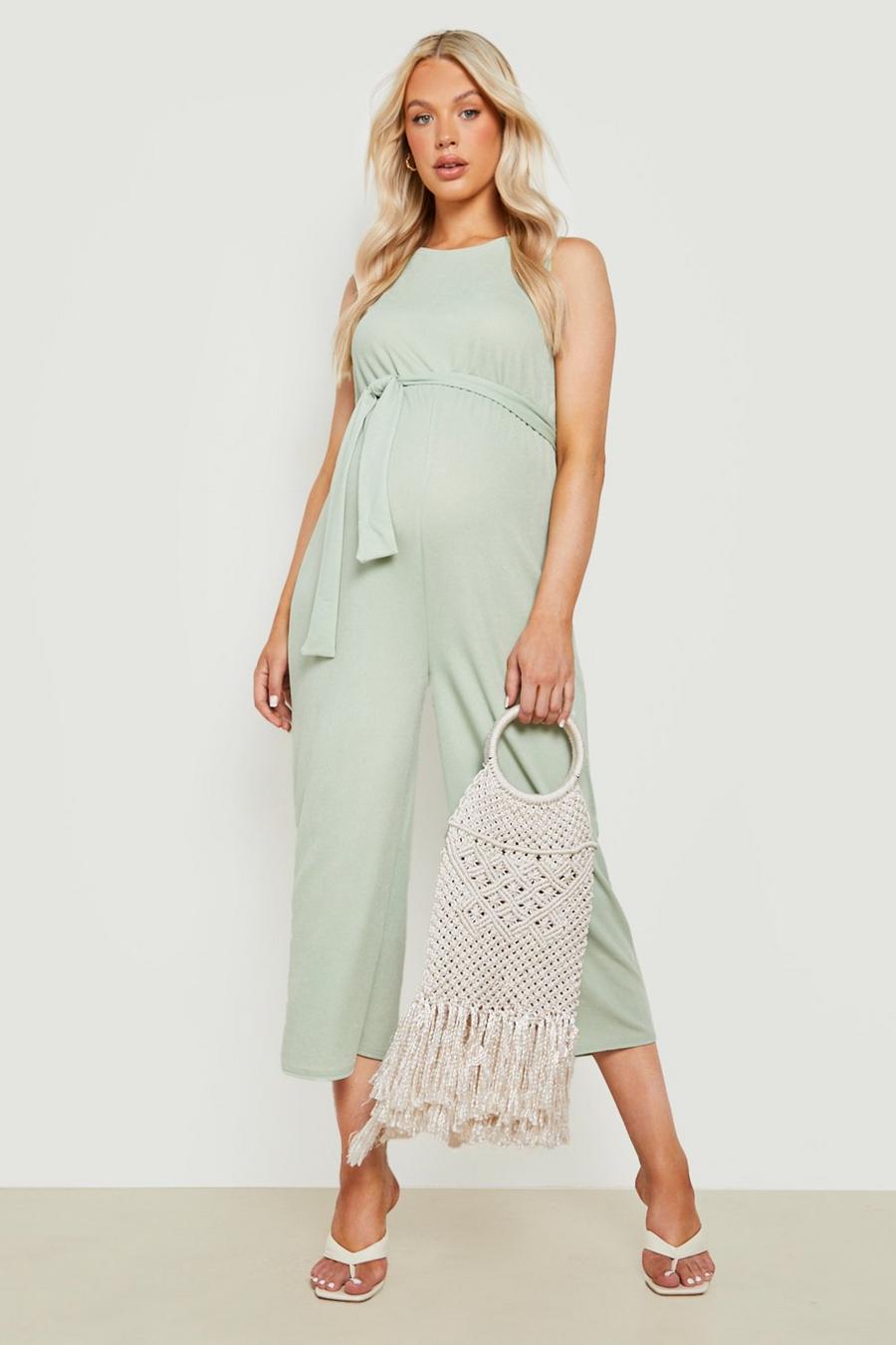 Sage green Maternity Belted Culotte Jumpsuit 