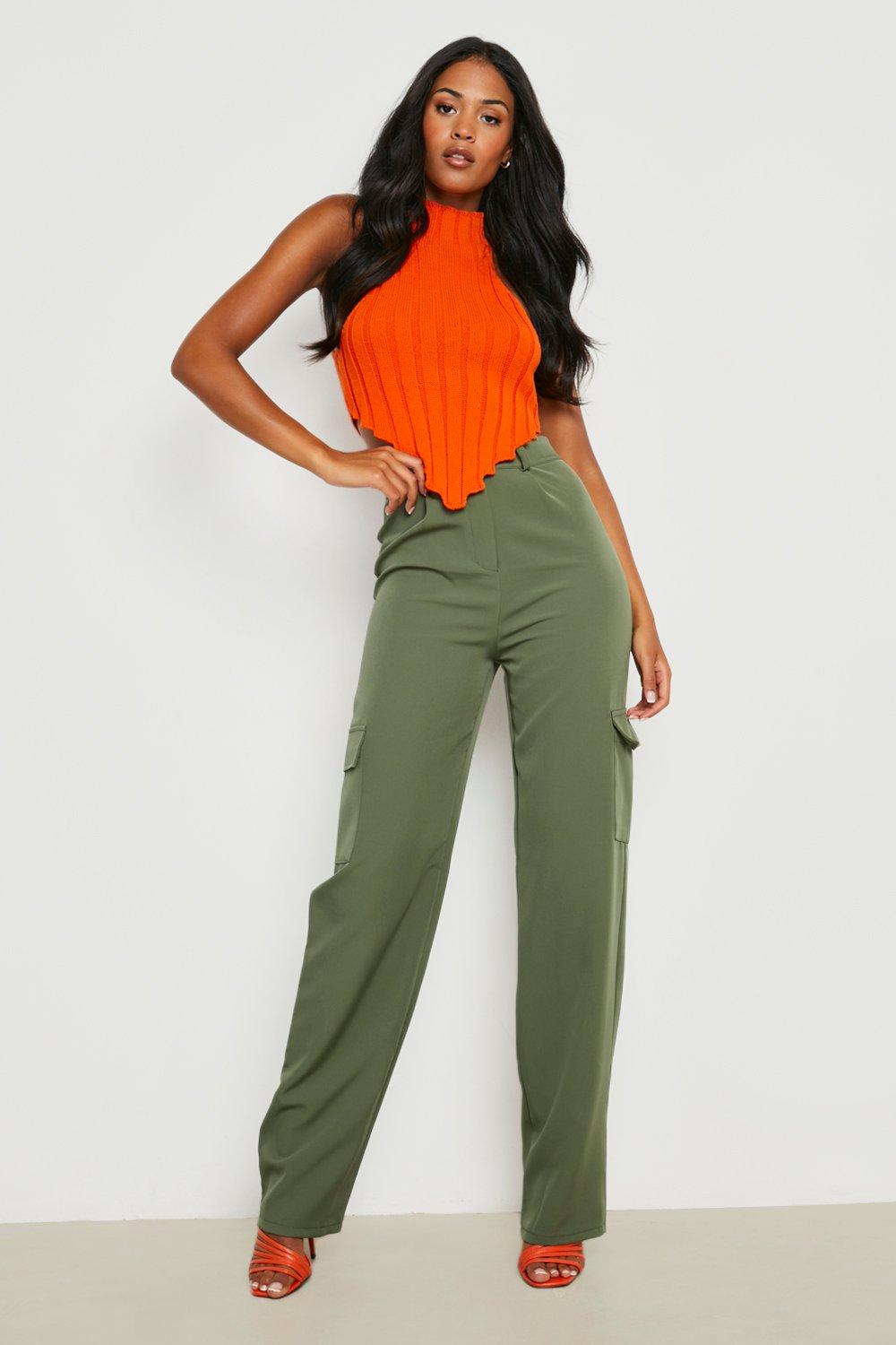 Khaki Twill Pocket Detail High Waist Cargo Trousers