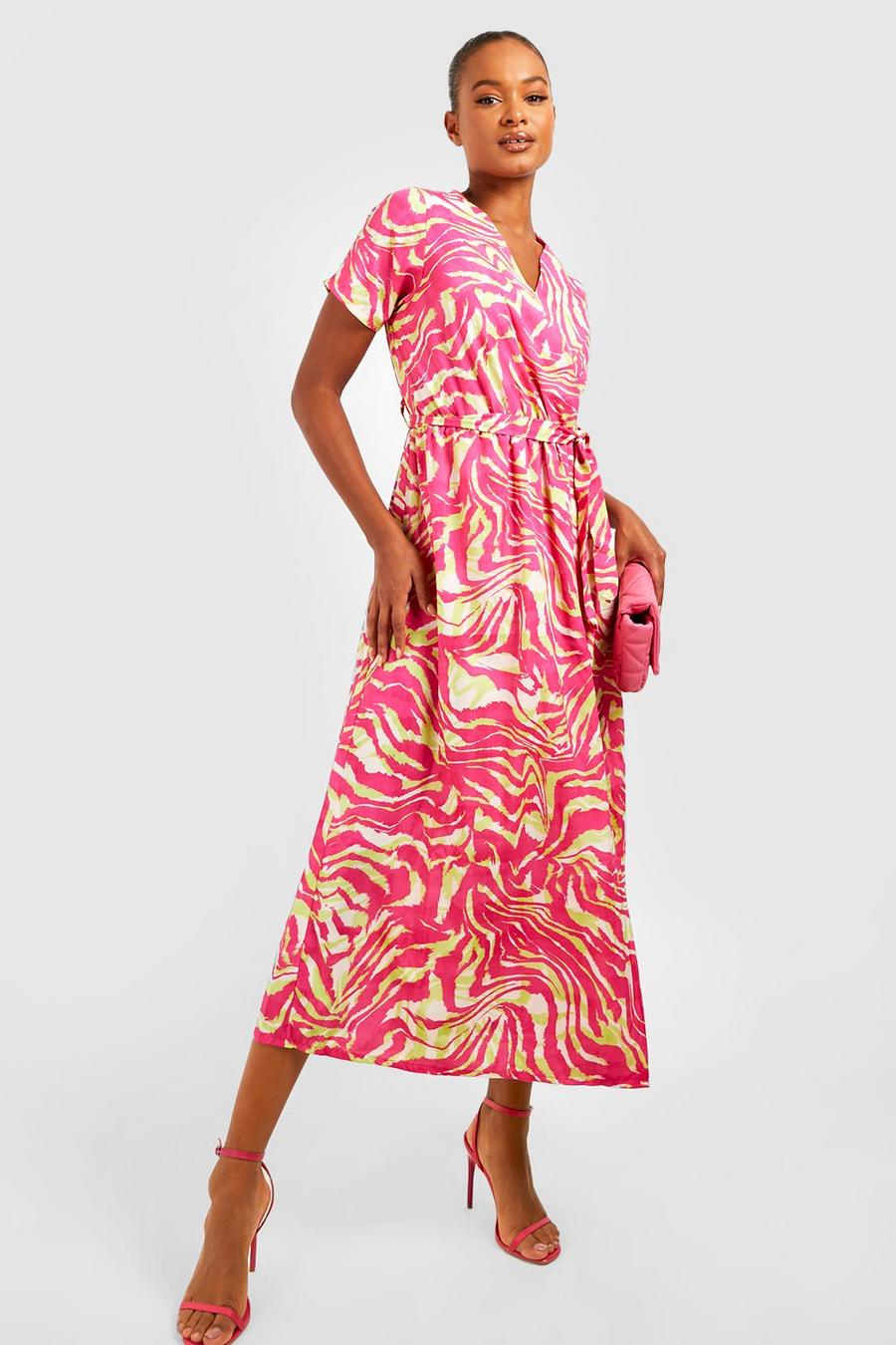 Pink Tall Zebra Print Wrap Pleated Midi Dress