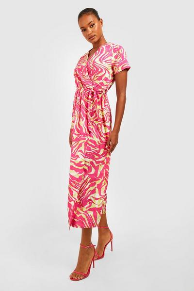 boohoo pink Tall Zebra Print Wrap Pleated Midaxi Dress