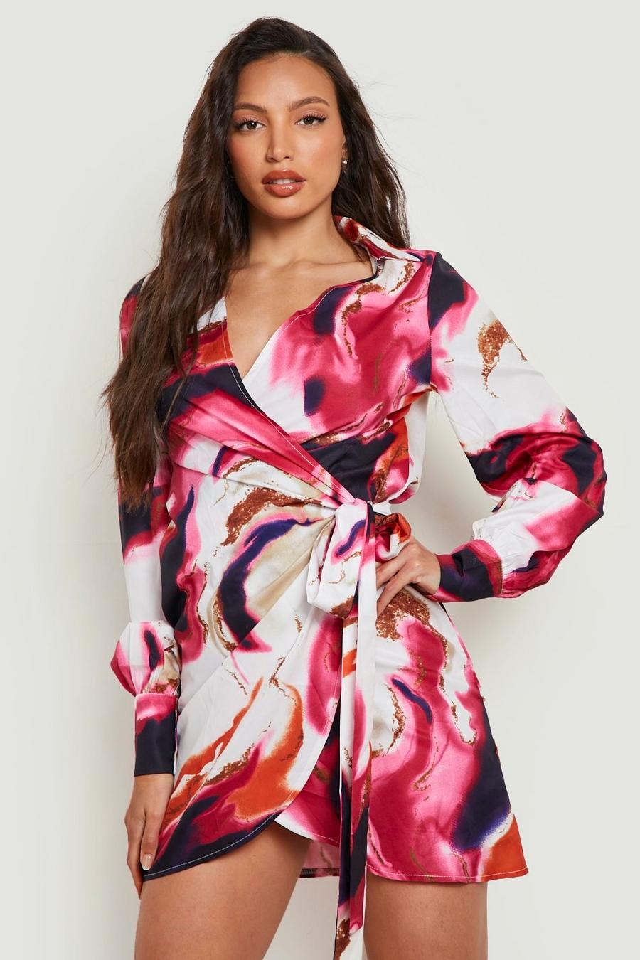 Pink Tall Marble Print Wrap Shirt Dress image number 1