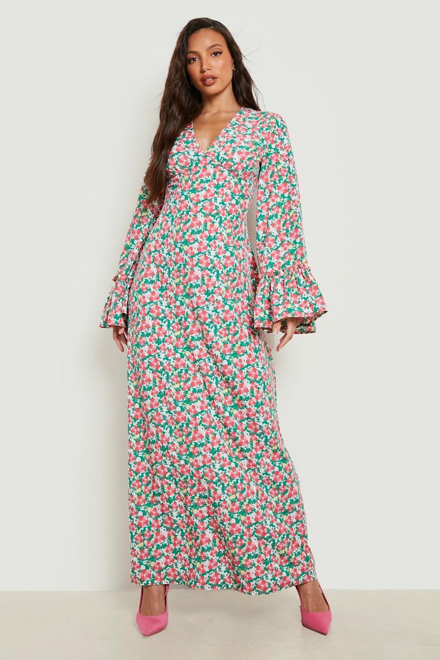 Berry red Tall Floral Print Flare Sleeve Maxi Dress image number 1