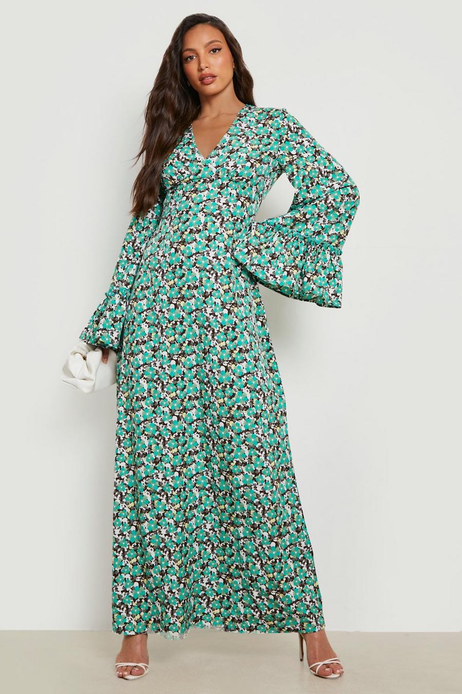 Green Tall Floral Print Flare Sleeve Maxi Dress image number 1