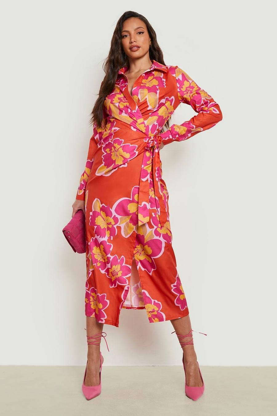 Red Tall Floral Wrap Midi Dress image number 1