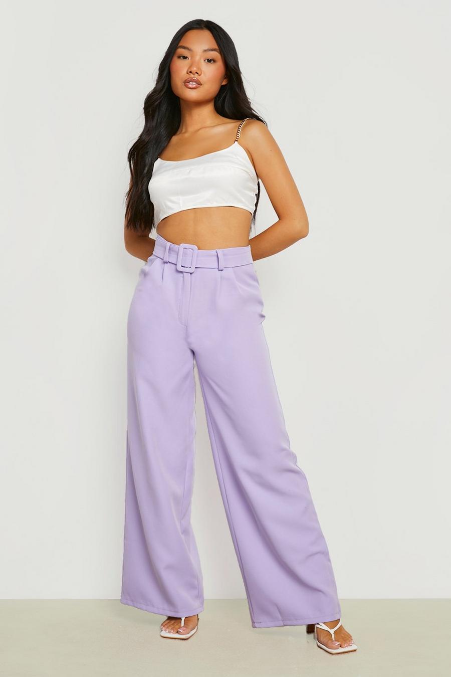 Lilac purple Petite Self Belt Tailored Wide Leg Trouser 