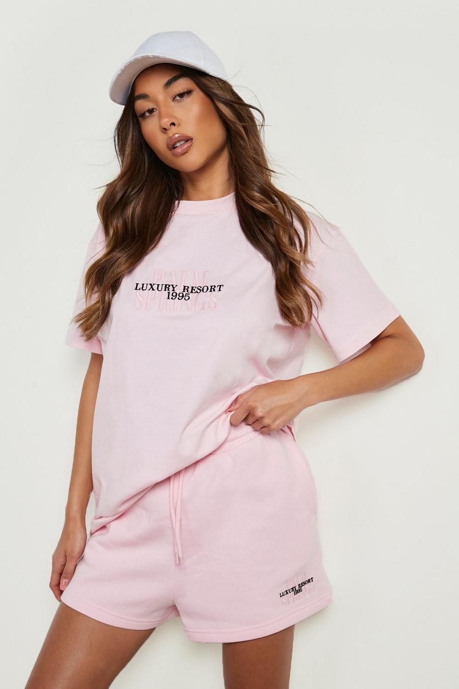 Pink Embroidered T-shirt And Short Set  image number 1