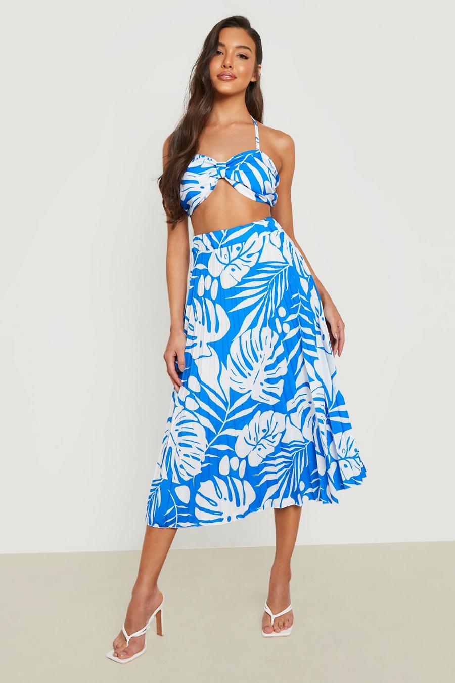 Bright blue Tie Front Bralette & Pleated Midi Skirt image number 1