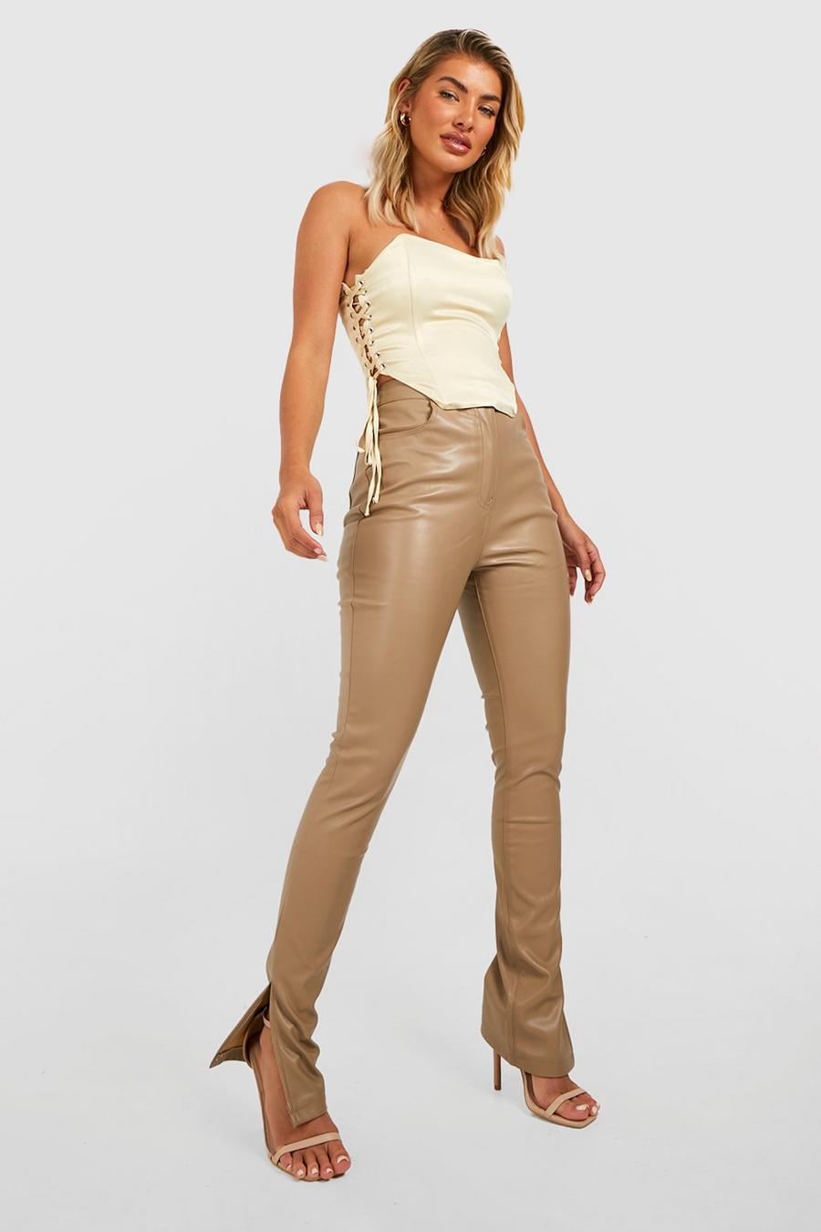 Taupe Premium Faux Leather Split Ankle Pants image number 1