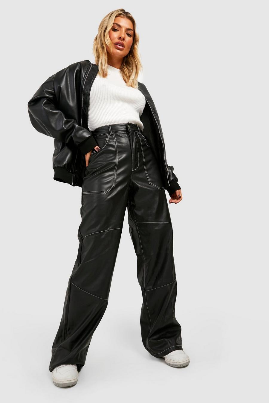 Black Premium Contrast Seam Leather Look Trousers image number 1