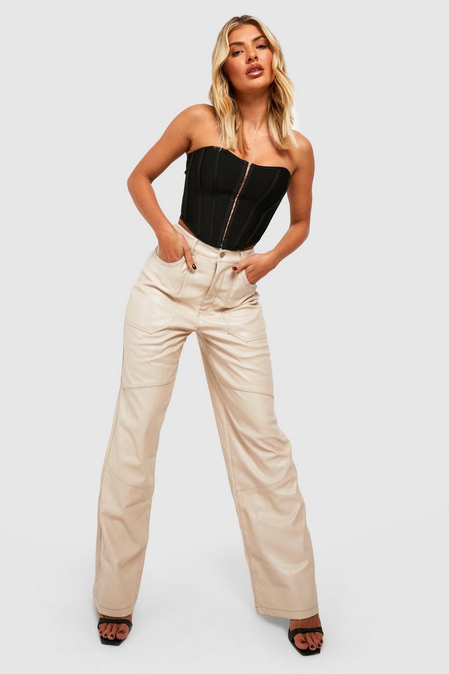 Ecru blanco Premium Contrast Seam Leather Look Trousers image number 1