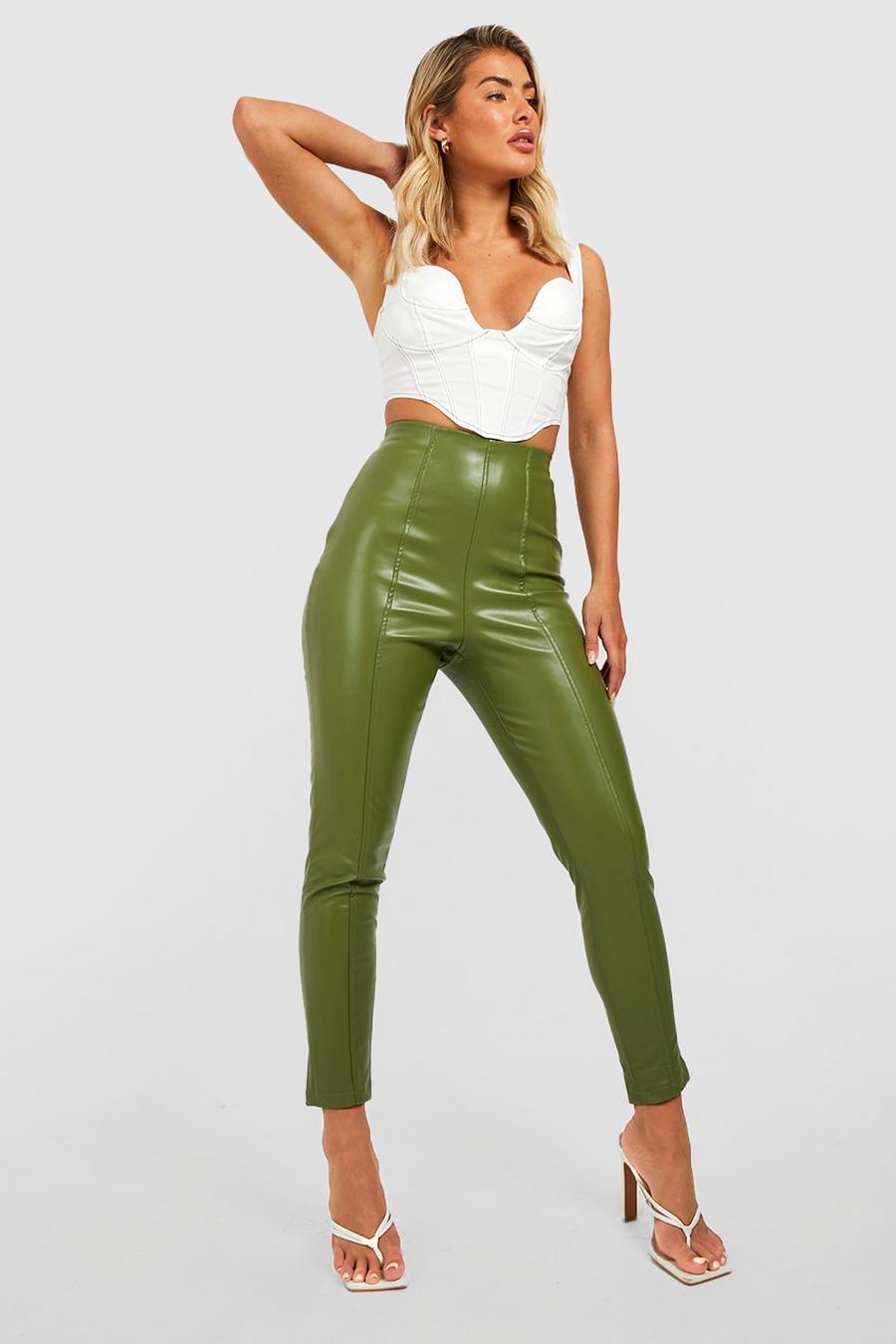 Khaki Premium Super Stretch Leather Look Trousers image number 1