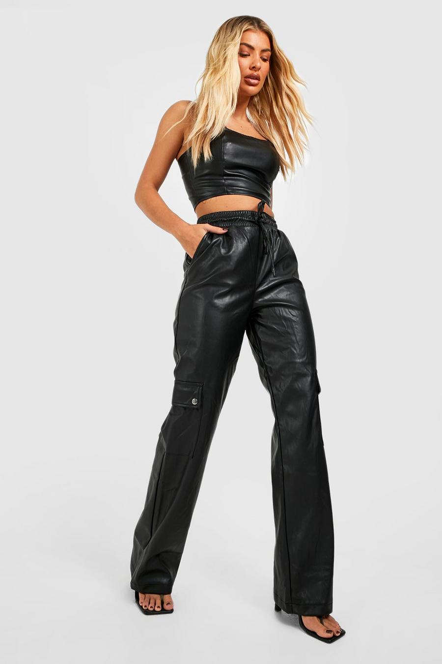 Black Premium Faux Leather Cargo Pants image number 1