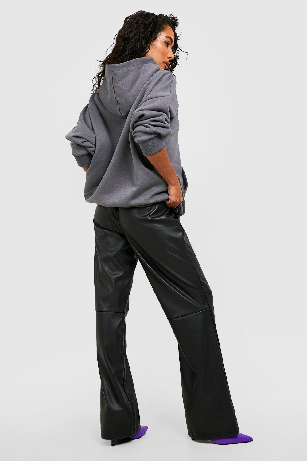 Black Faux Leather Seam Detail Wide Leg Pants