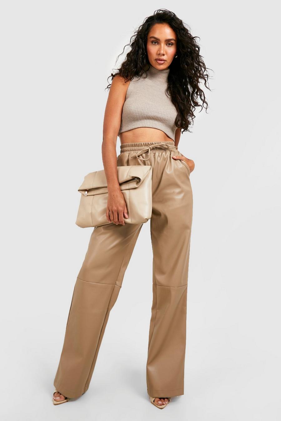 Taupe beige Premium Seam Detail Faux Leather Joggers image number 1