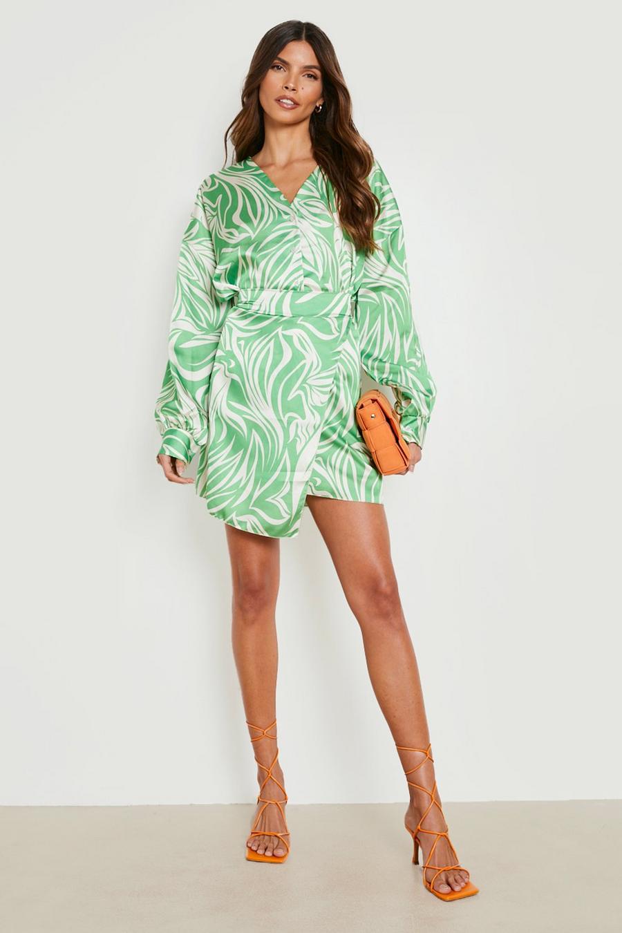 Lime vert Printed Volume Sleeve Shirt & Wrap Mini Skirt