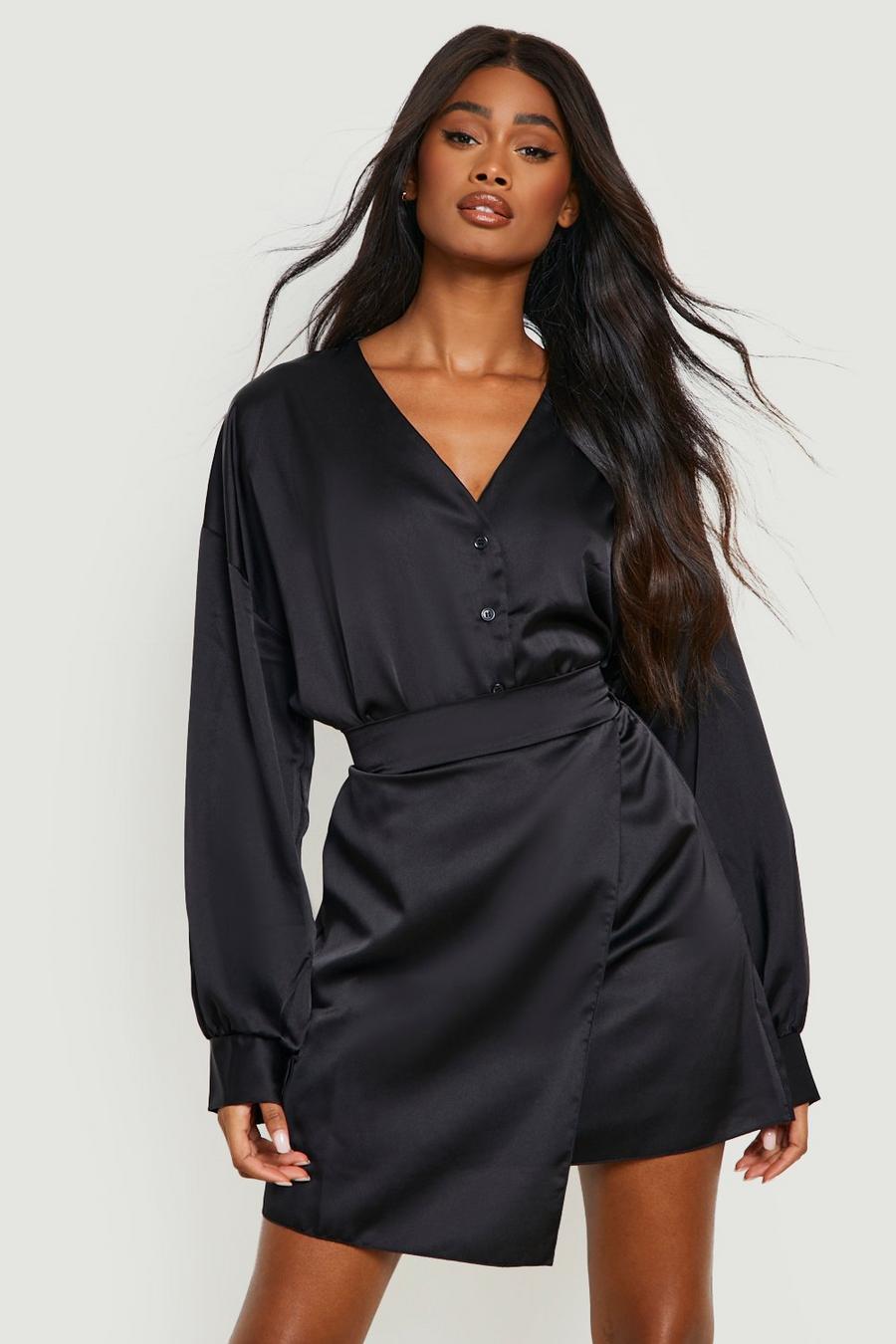 Black Satin Puff Sleeve Shirt & Wrap Mini Skirt image number 1