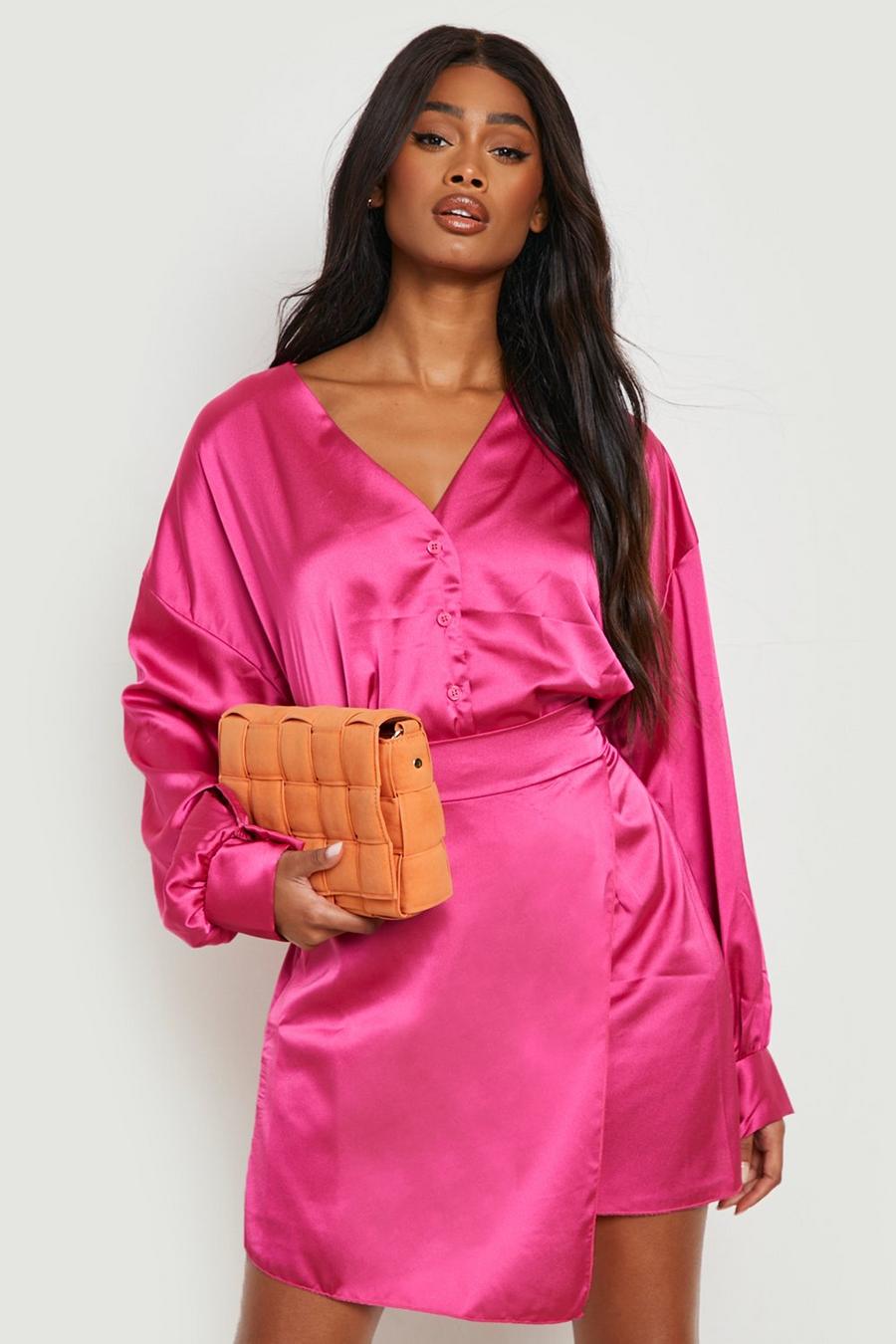Falda mini cruzada y camisa de raso con mangas bombachas, Hot pink image number 1
