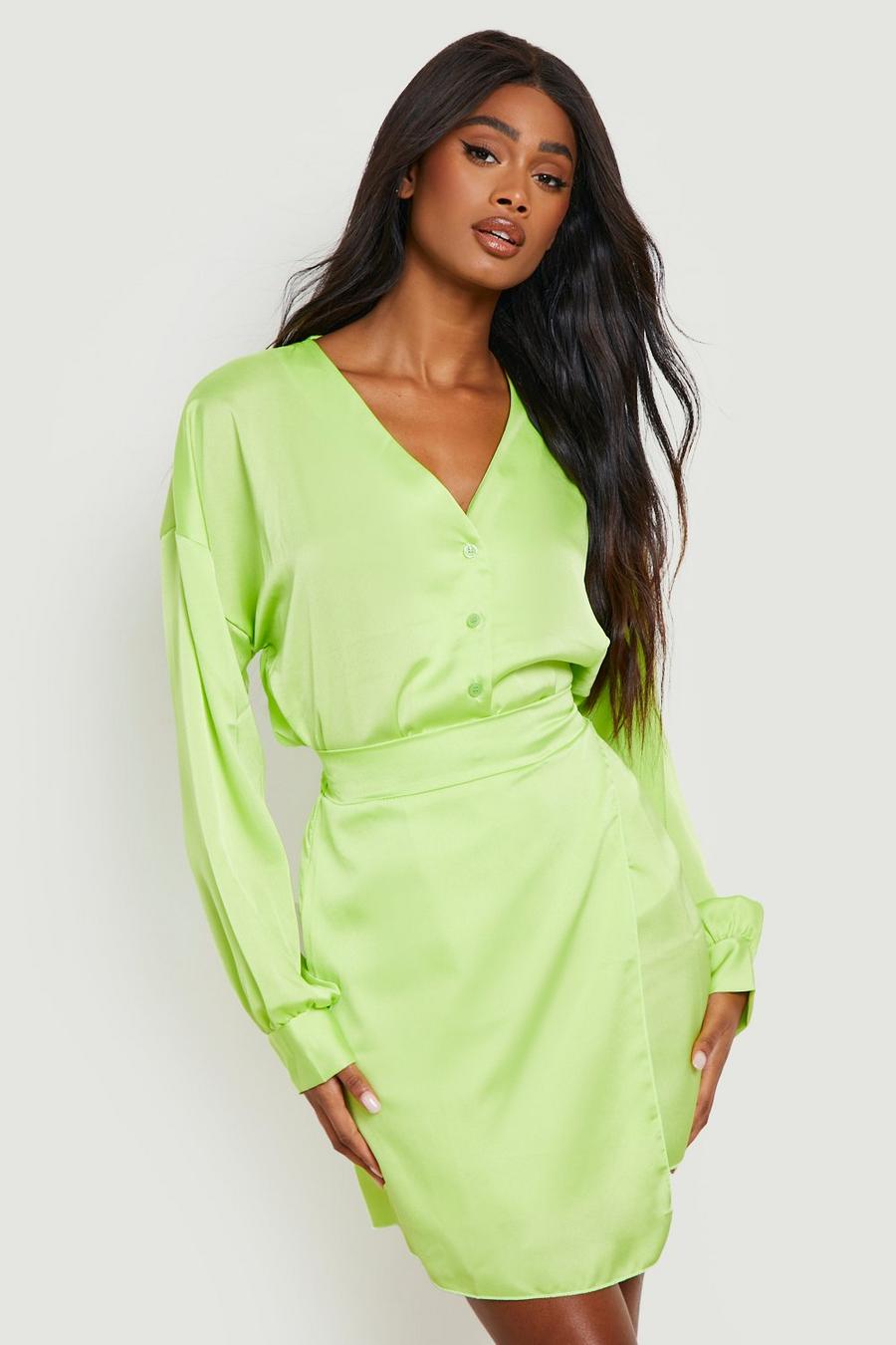Lime green Satin Volume Sleeve Shirt & Wrap Mini Skirt