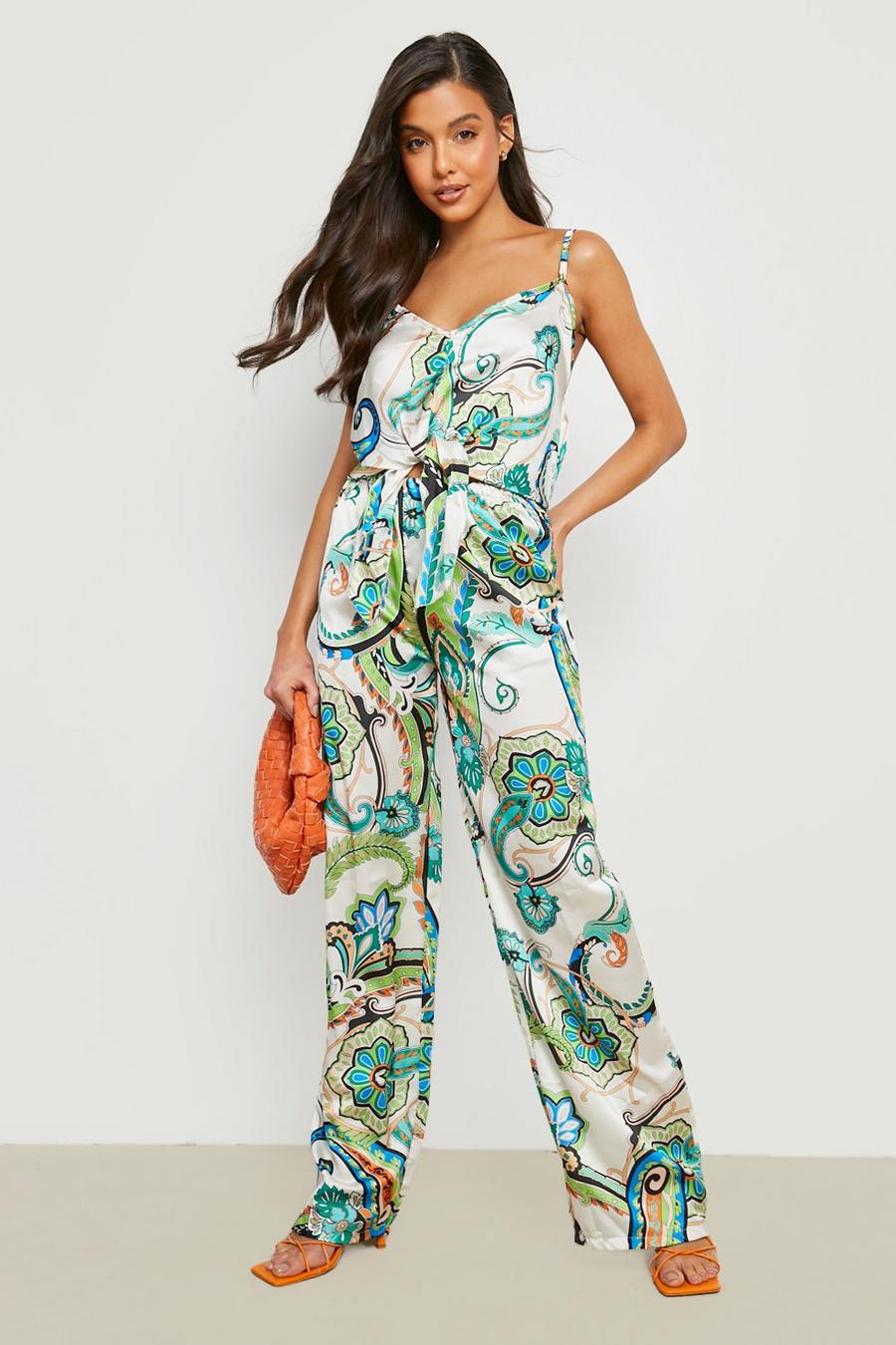Bright green Paisley Print Knot Cami & Wide Leg Trousers image number 1