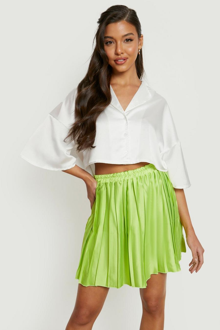 Lime Satin Pleated Mini Skirt  image number 1