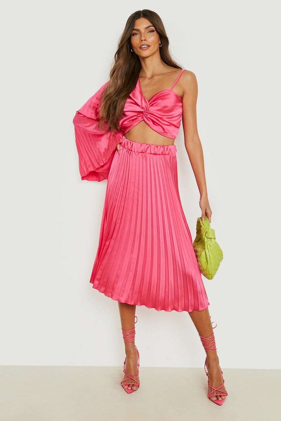 Pink Satin Pleated Midi Skirt image number 1