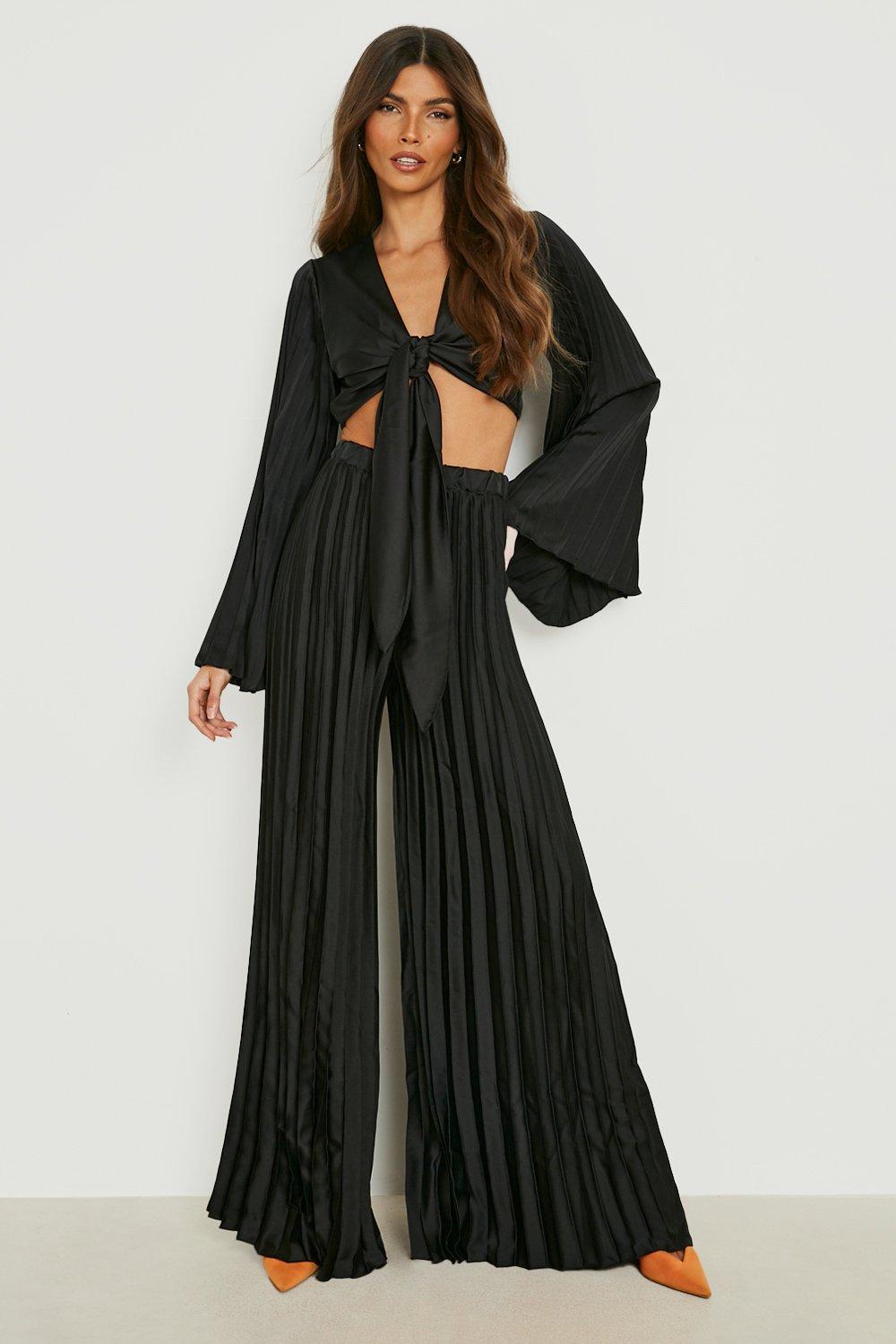 Black Satin Pleated Wide Leg Trousers 