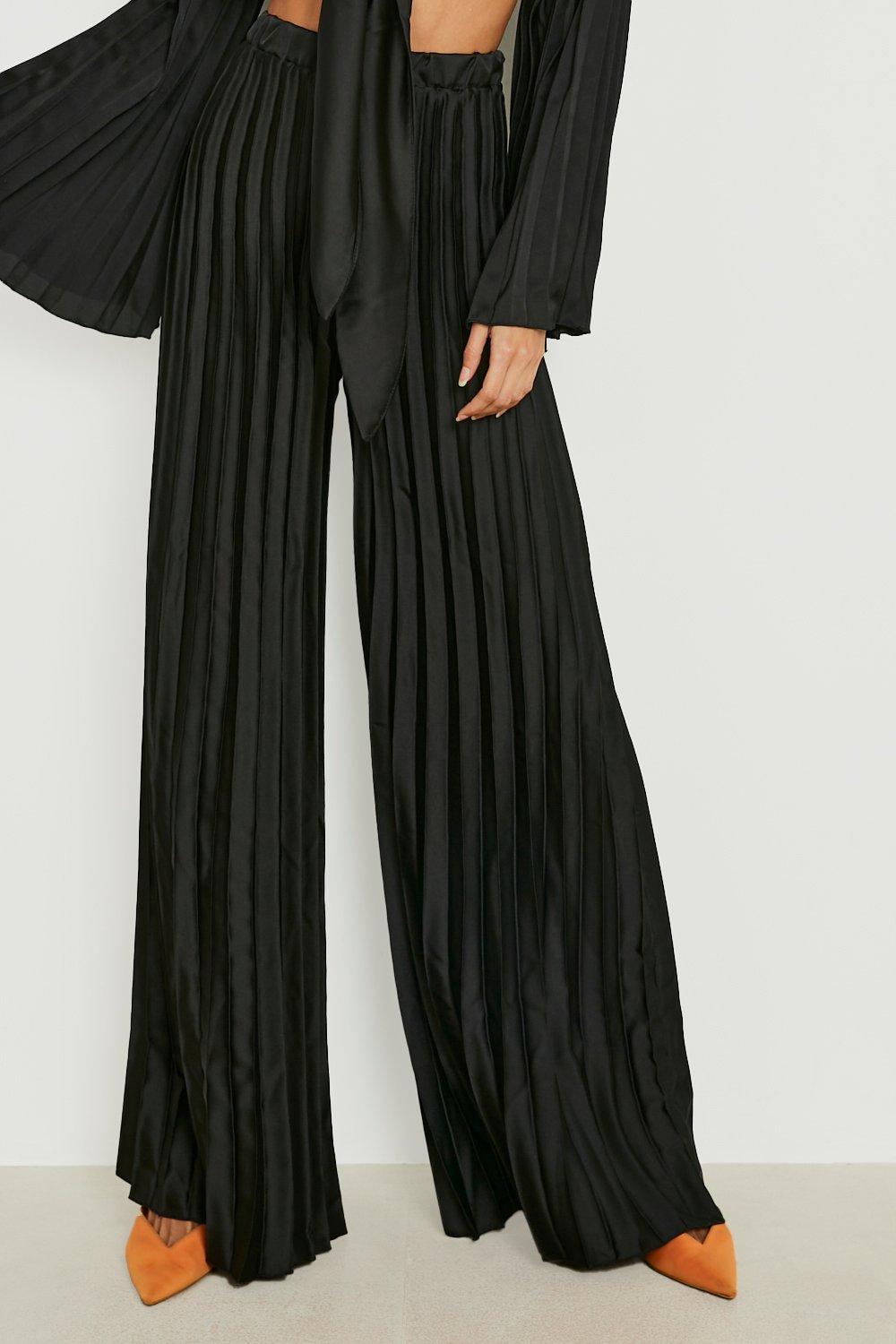 Satin Pleated Wide Leg Trousers