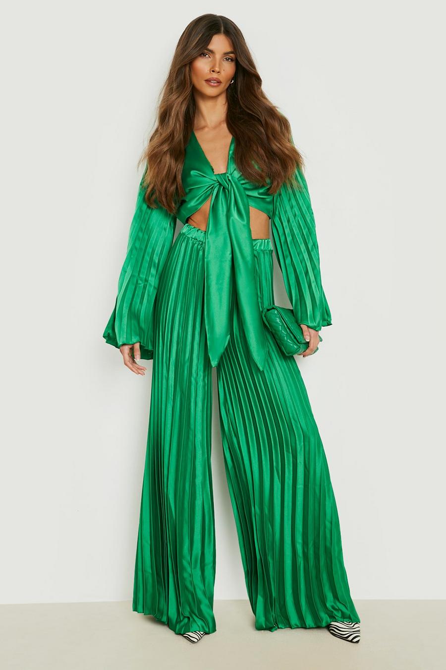 Bright green Satin Pleated Wide Leg Pants image number 1