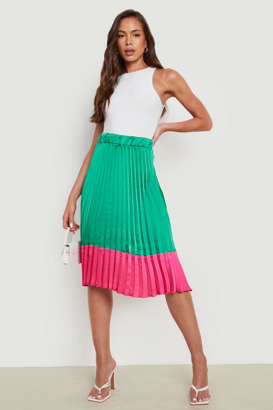 Bright green Satin Color Block Midi Skirt image number 1