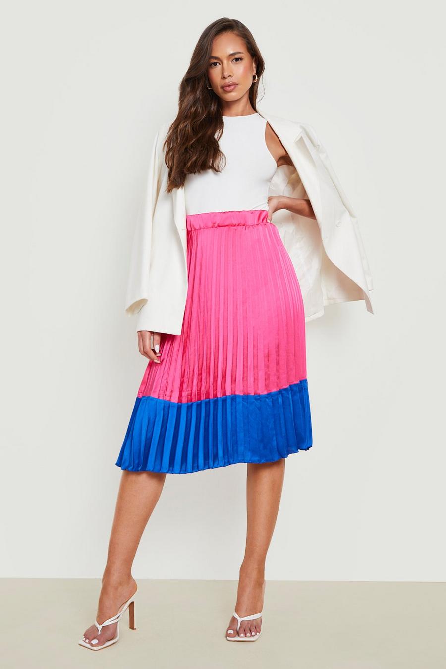 Falda midi de raso con colores en bloque, Hot pink image number 1