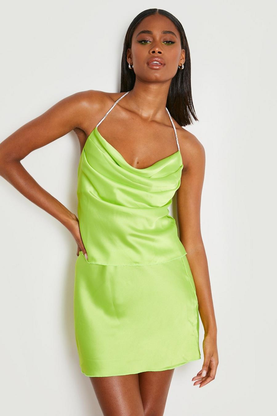 Lime green Satin Halterneck Cami & Mini Skirt
