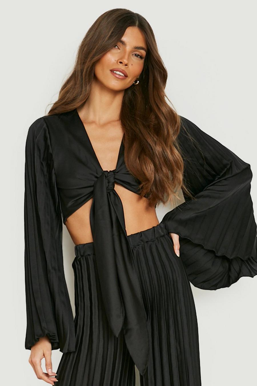 Black Satin Pleated Sleeve Knot Front Crop image number 1