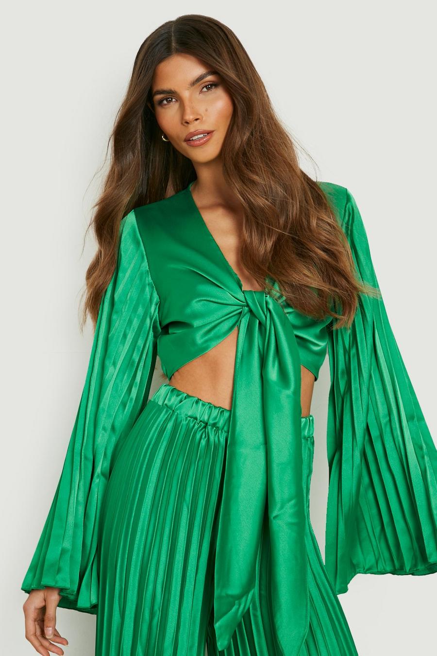 Bright green Satin Pleated Sleeve Knot Front Crop
