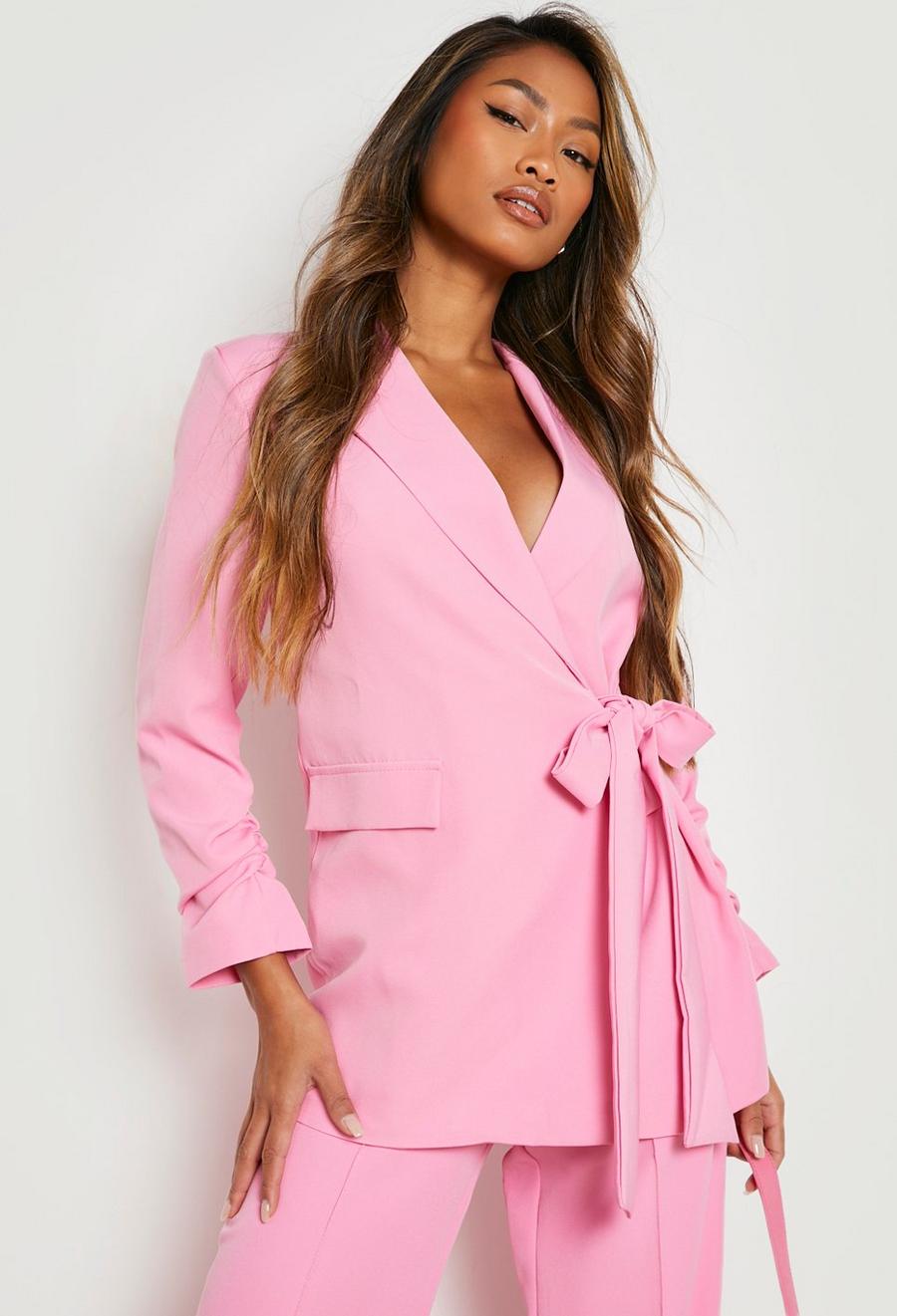 Pastel pink Ruched Sleeve Tie Waist Tailored Blazer image number 1