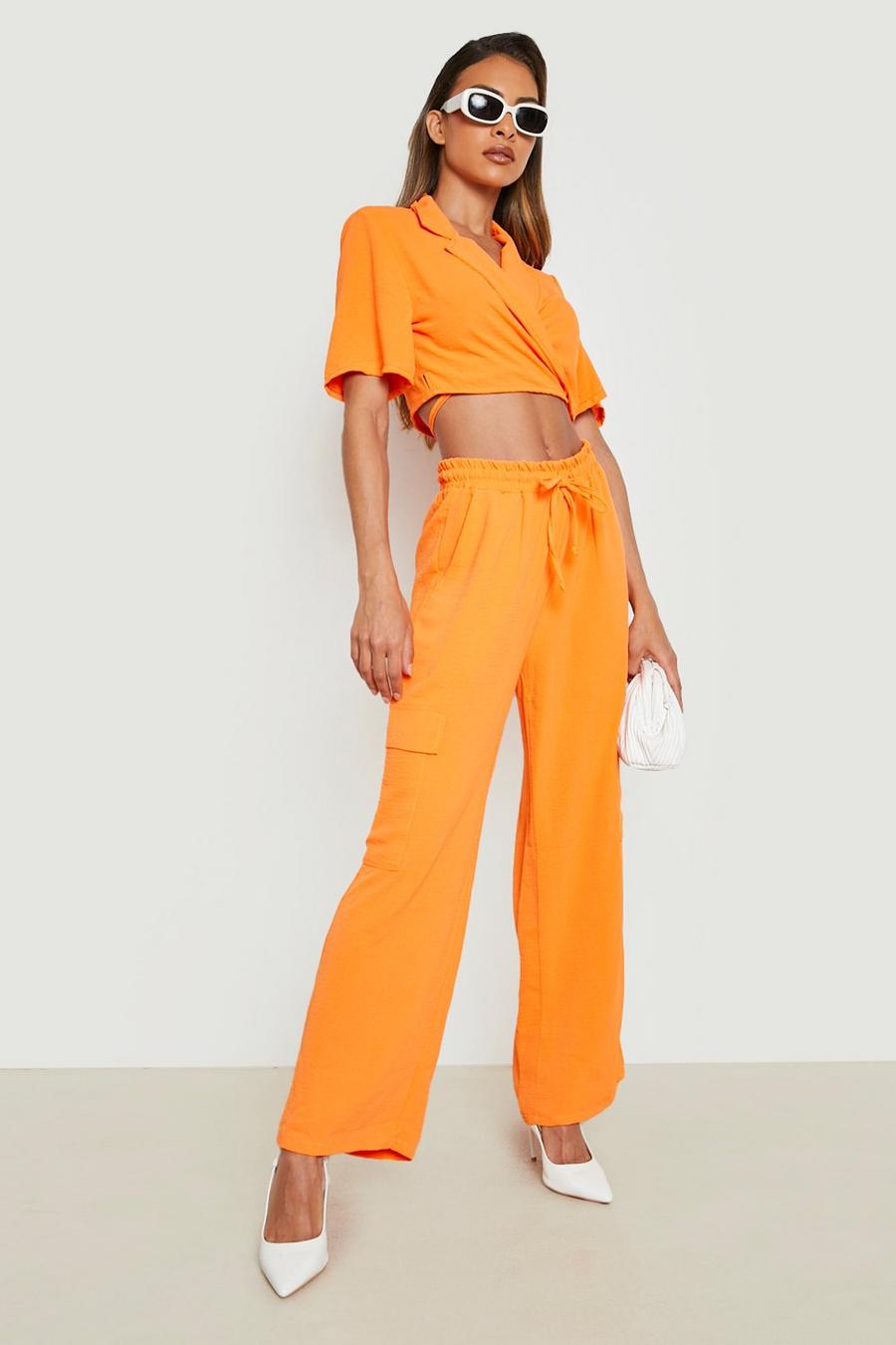 Orange Textured Cargo Pocket Wide Leg Track Pants image number 1