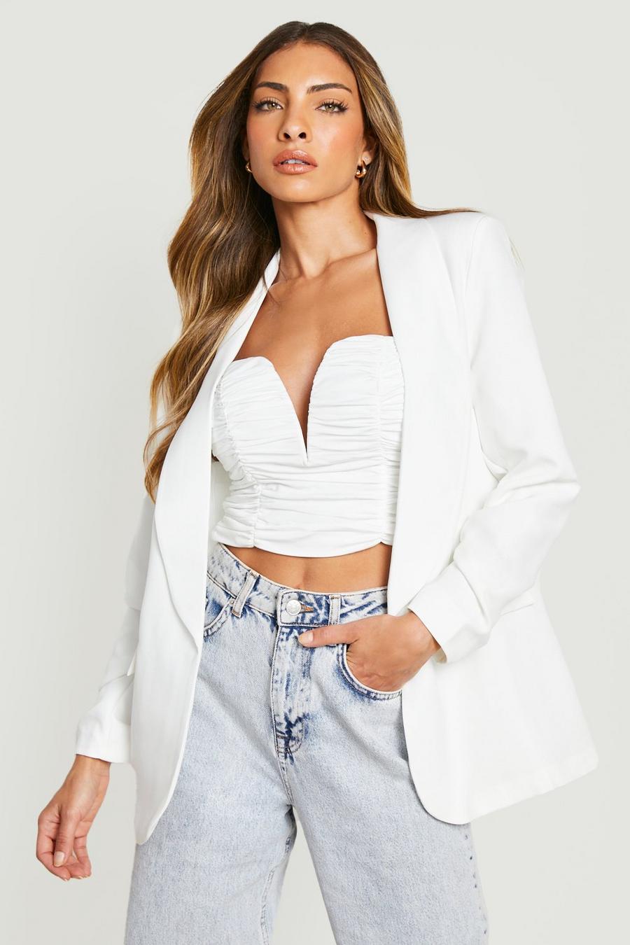 Ivory Ruched Sleeve Tailored Blazer