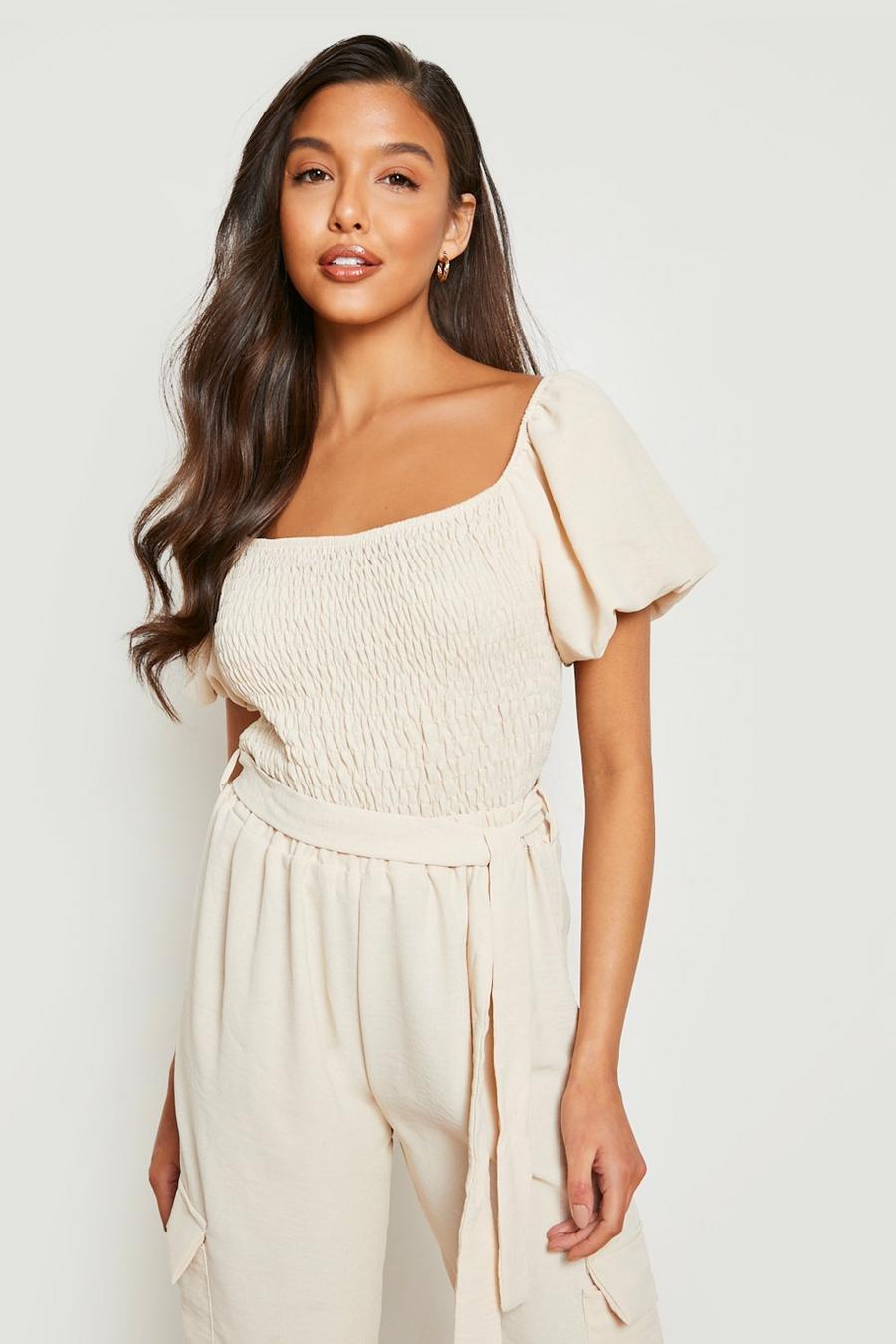 Sand Textured Puff Sleeve Shirred Crop image number 1