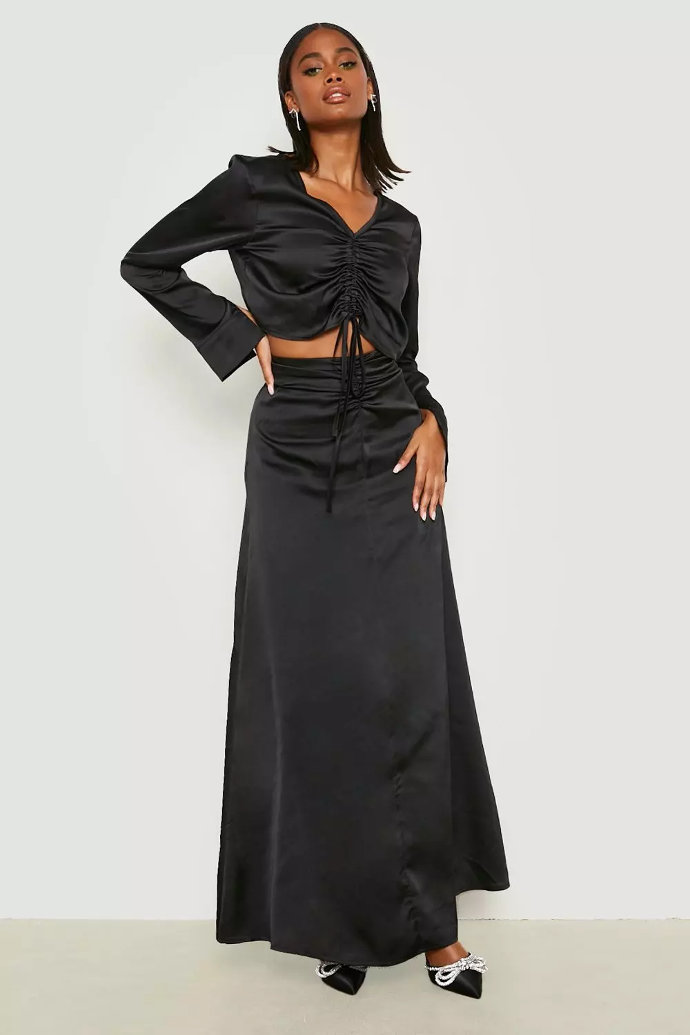 Long black shop satin skirt evening