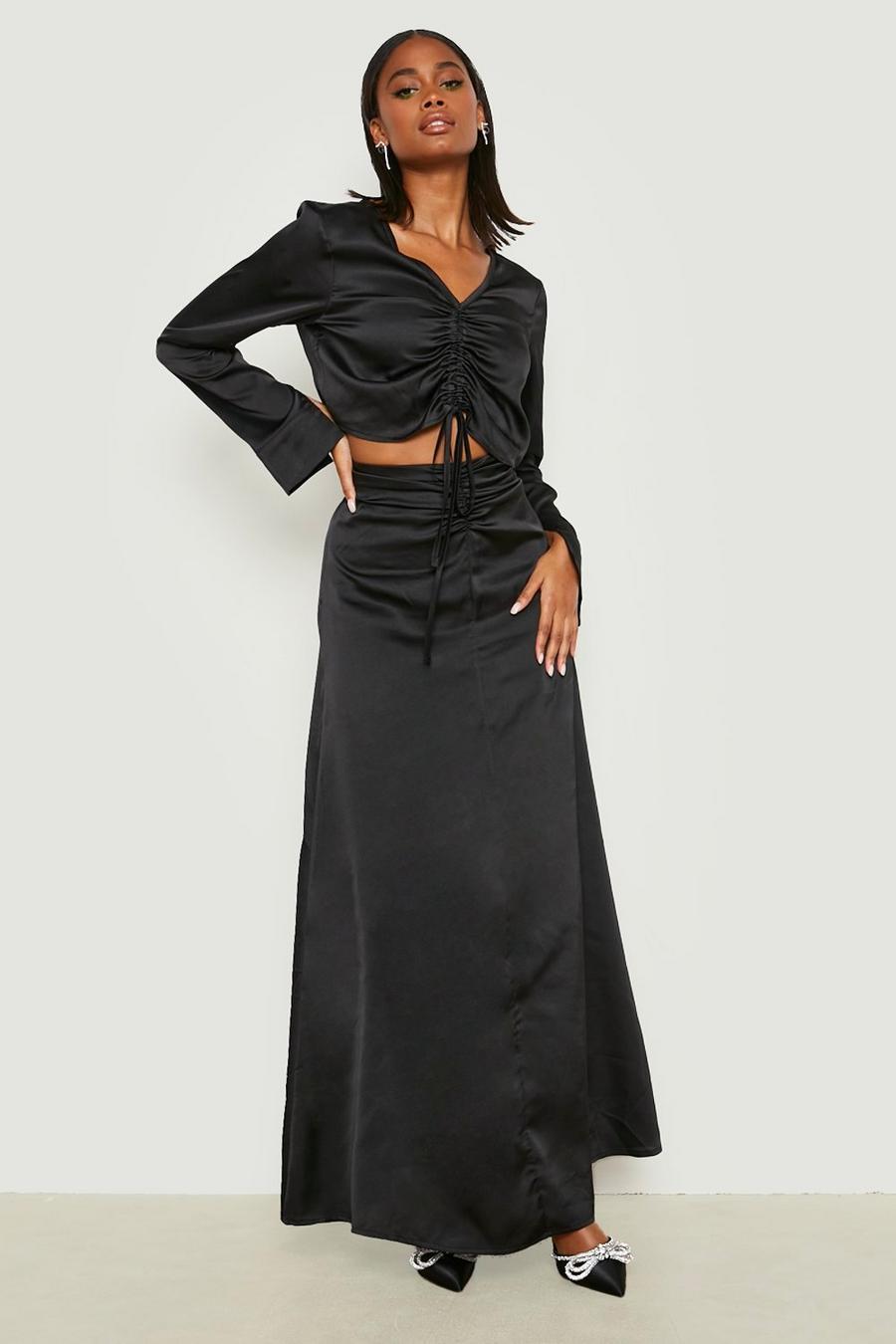 Black Satin Ruched Crop & Maxi Skirt 