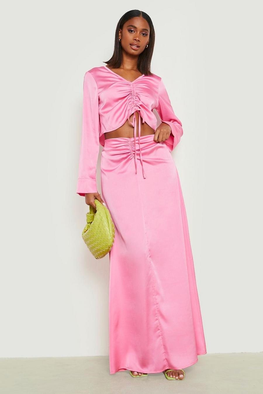 Bright pink Satin Ruched Crop & Maxi Skirt  image number 1
