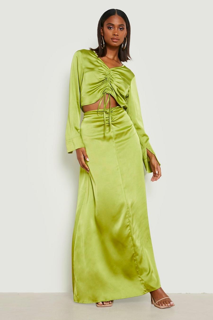 Soft lime Satin Ruched Crop & Maxi Skirt  image number 1
