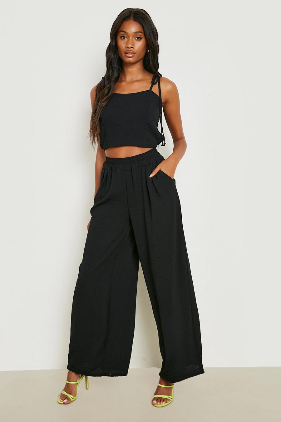 Black Textured Tie Cami & Wide Leg Trousers  image number 1