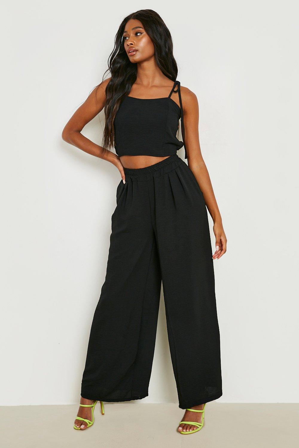 Textured Tie Cami Wide Leg Trousers boohoo