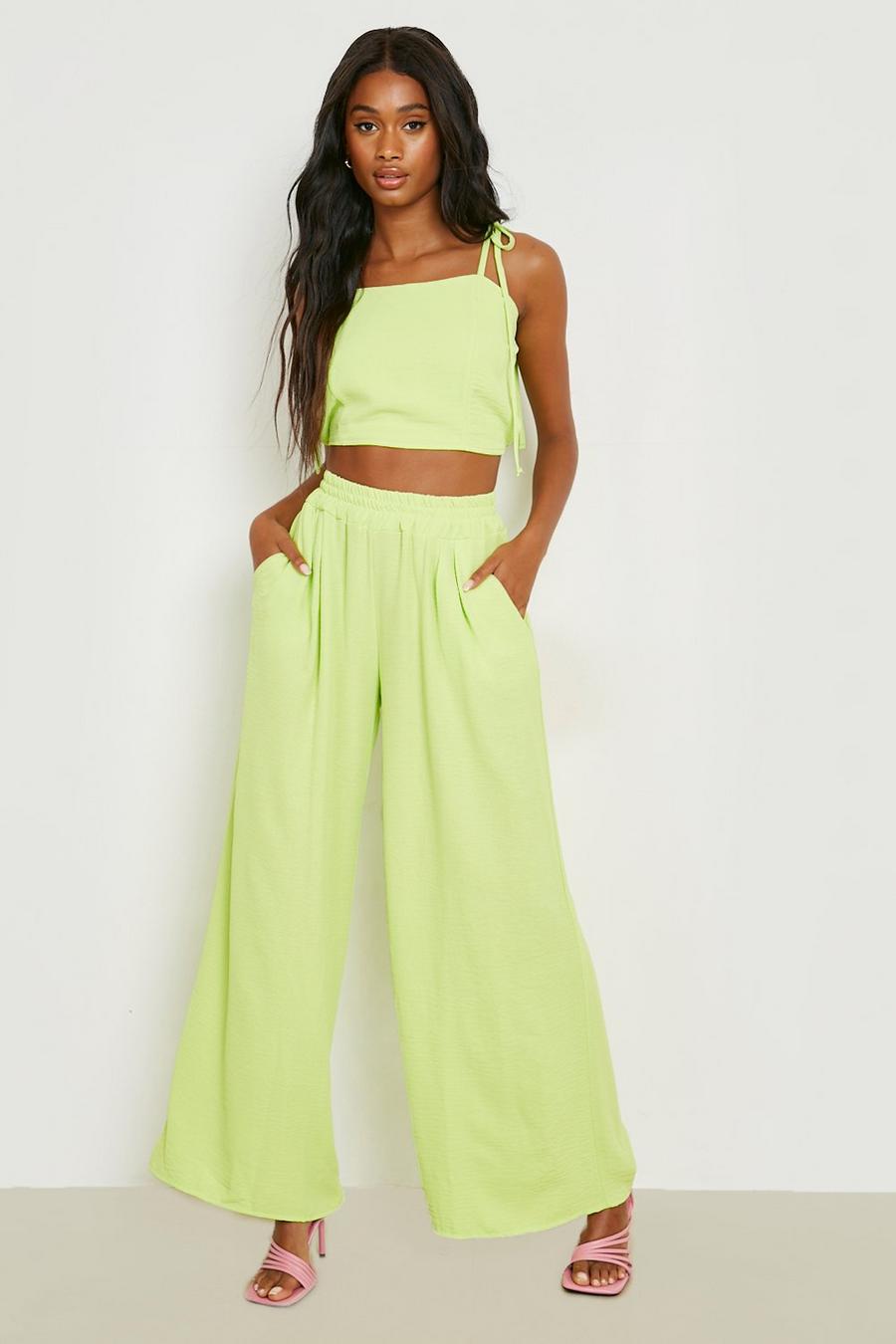 Soft lime Textured Tie Cami & Wide Leg Trousers  image number 1
