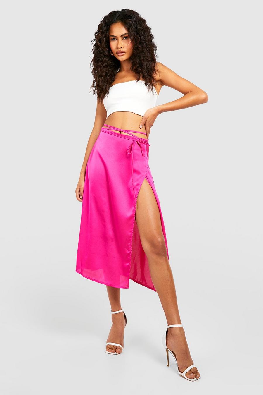 Hot pink rosa Satin Tie Waist Midi Slip Skirt image number 1
