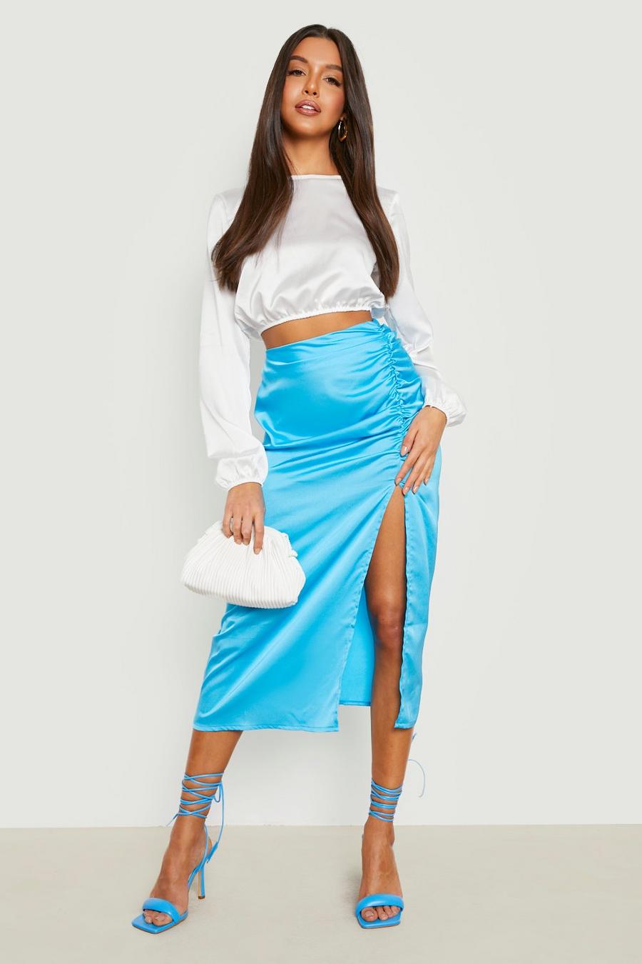 Azure Satin Ruched Side Midaxi Skirt  image number 1