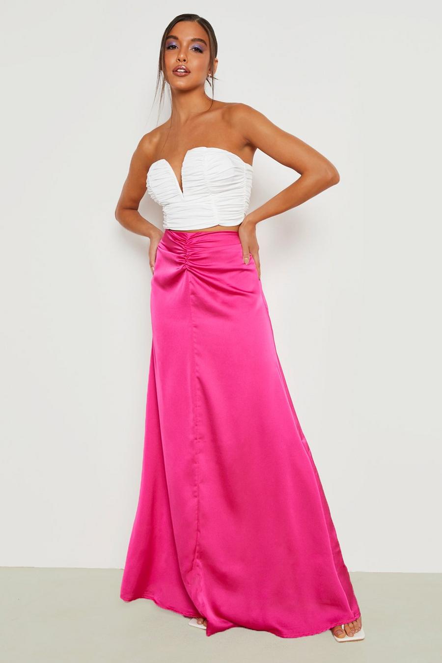 Hot pink rosa Satin Ruched Front Maxi Skirt