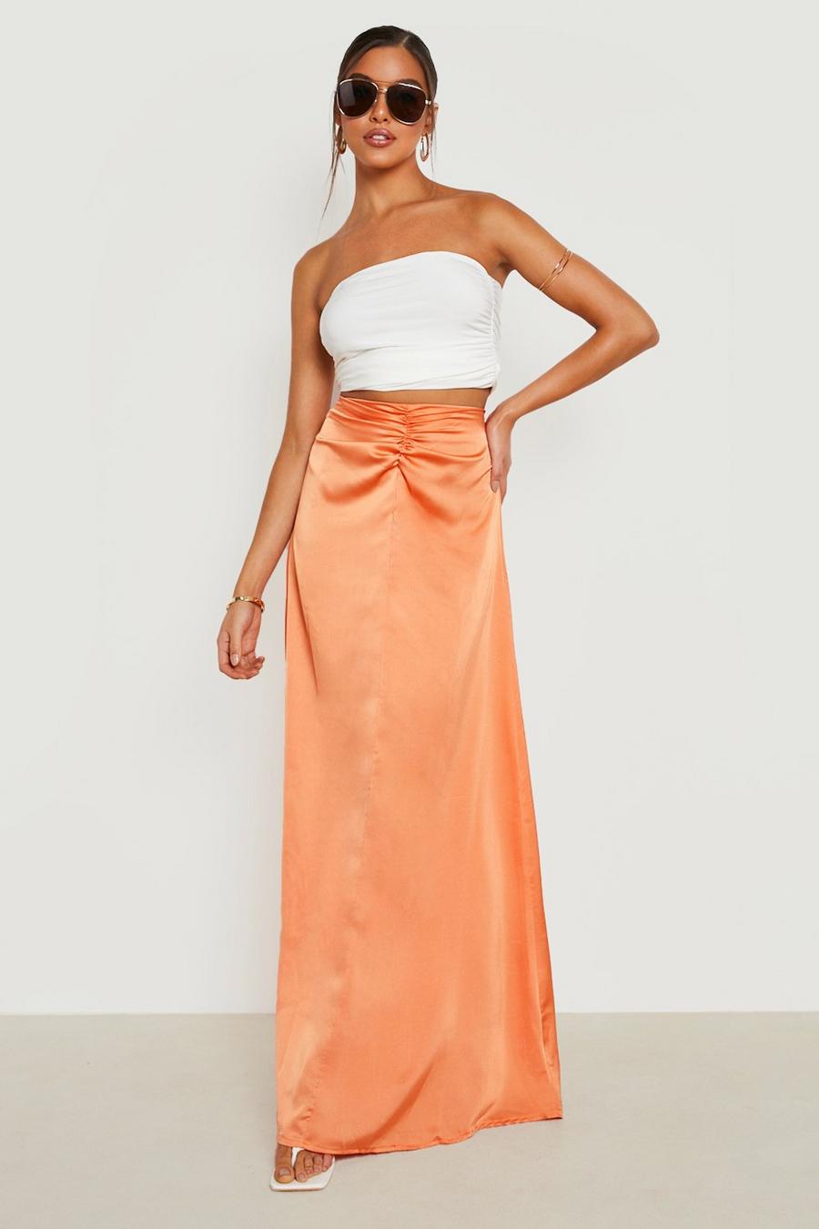 Neon-orange Satin Ruched Front Maxi Skirt