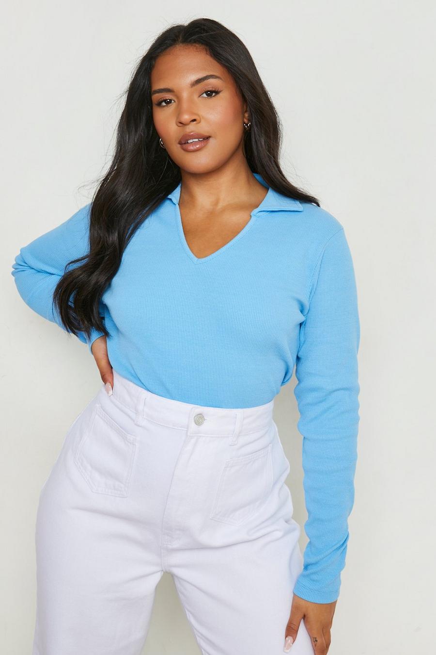 Bright blue Plus Knitted Rib Polo Top